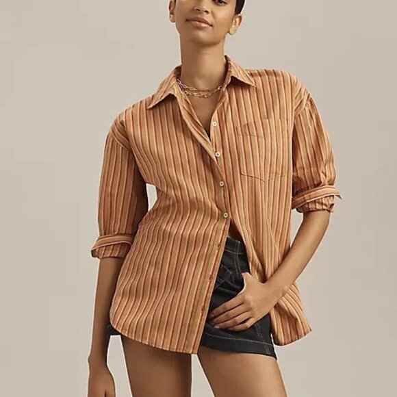 Anthropologie Maeve The Bennet Button down Shirt Cotton Brown Striped L - Picture 1 of 2